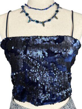 Primark Navy Blue Velvet Sequin Crop Tank Top